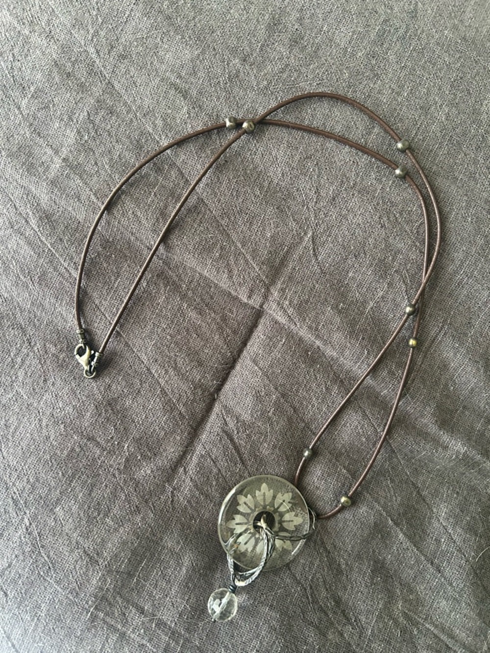 Silpada Brown Cord Necklace with Floral Glass Pendant
